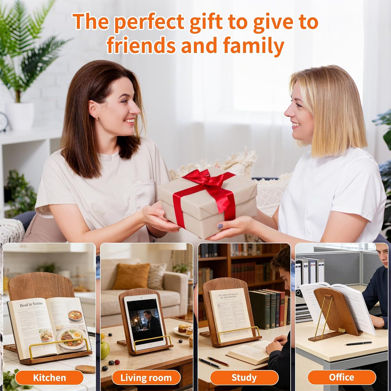 Cookbook Stand for Kitchen Counter, Adjustable Wooden Foldable Recipe Book Holder for Hands-Free Cooking, Fits Books & Tablets