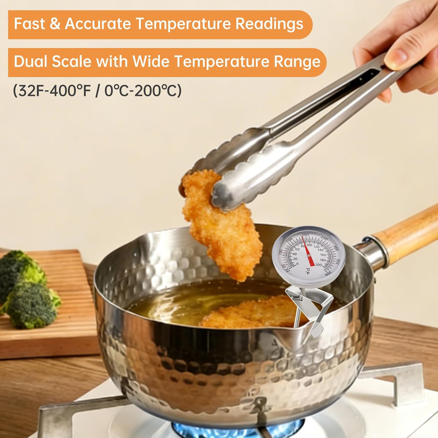 Candy/Deep Fry Thermometer with Pot Clip - 8" Stainless Steel Stem Meat Cooking Thermometer for Frying and Candle Making, Turkey, BBQ, Grill, Instant Read, Analog Display