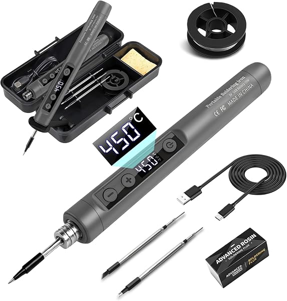 Flintronic Zestaw lutownicy bezprzewodowej, ładowalna lutownica USB z wyświetlaczem LED, regulowana temperatura 180°C-450°C, przenośne lutownice do naprawy urządzeń domowych, projekty DIY, szara