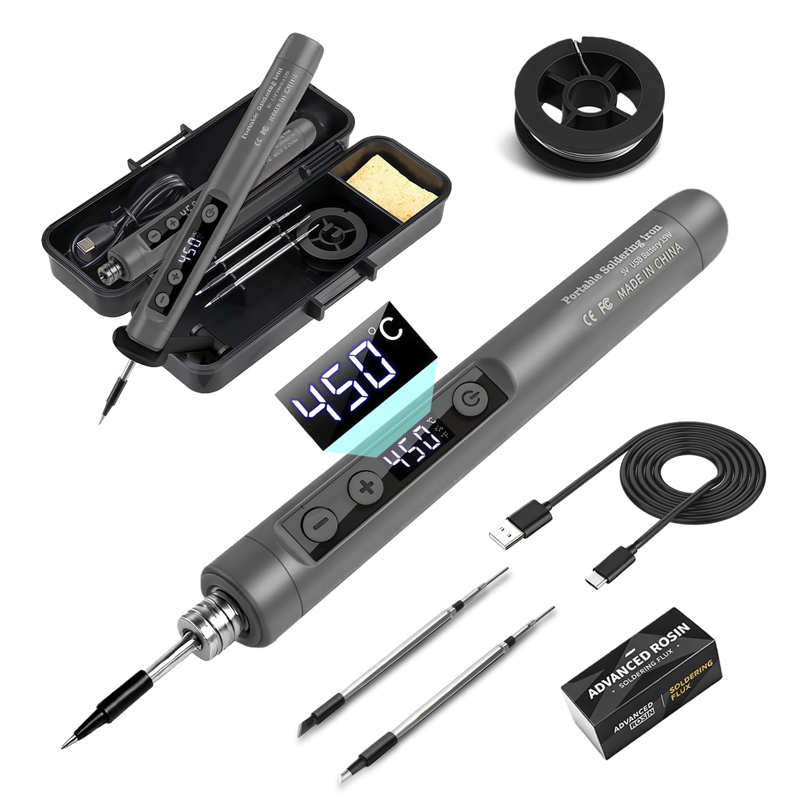 Flintronic Cordless Soldering Iron Kit, Rechargeable USB Soldering Iron with LCD Display, Adjustable Temperature 180°C-450°C, Portable Soldering Irons for Home Appliance Repair, DIY Projects-Gray — image 1