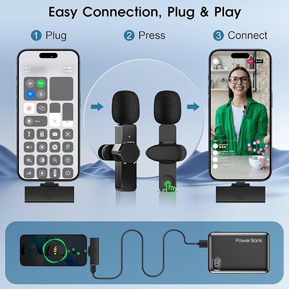 Wireless Lavalier Microphone for iPhone - Android Computer Mini Microphone with Clips & Holders for Live Streaming Video Recording Interviews YouTube TikTok Vlog Black