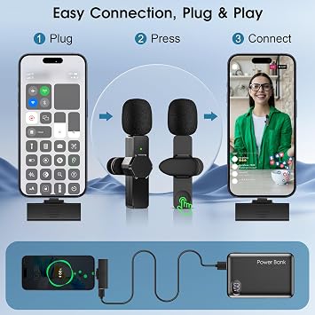 Wireless Lavalier Microphone for iPhone - Android Computer Mini Microphone with Clips & Holders for Live Streaming Video Recording Interviews YouTube TikTok Vlog Black