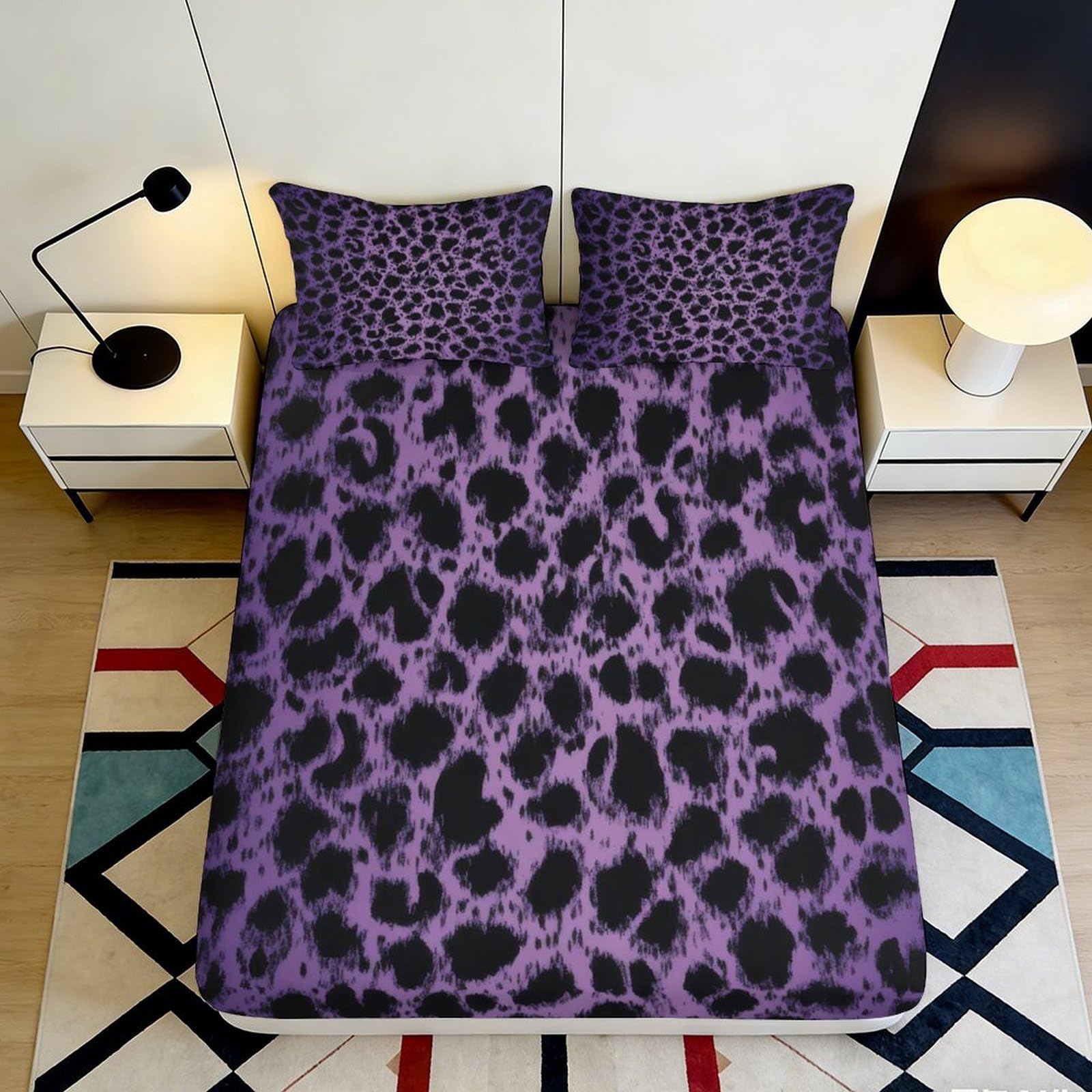 3D Printed Purple Leopard Fitted Sheet Microfiber Soft Non-Slip Mattress Cover for Bedroom Dorm Decor Easy Care 90x200x25cm