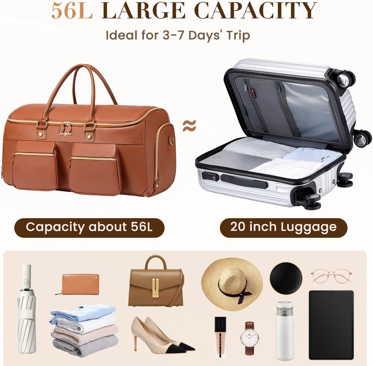 Suit Bag,Vessgra 56L Garment Bags for Travel,2 in 1 Leather Duffle Bags for Men Women, PU Leather Convertible Travel Bag with Shoe Compartment,Work Weekender Bussiness Wedding,Reddish Brown - Image 3