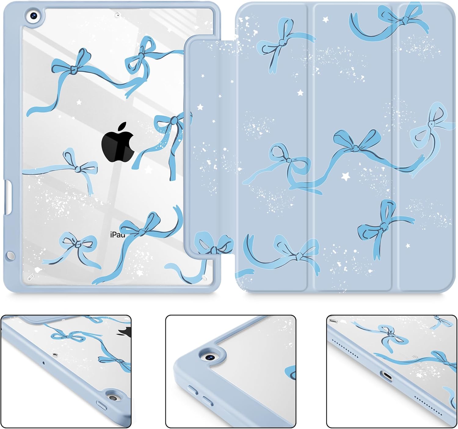 Tuiklol for iPad 10.2 case 2021 Gen 9th Release Built in Pencil Holder - Trifold Stand-Auto Wake/Sleep TPU Protection Stand Clear Back Cover for 2020 2019 [8th/7th] iPad 10.2 Case,Bow-Blue