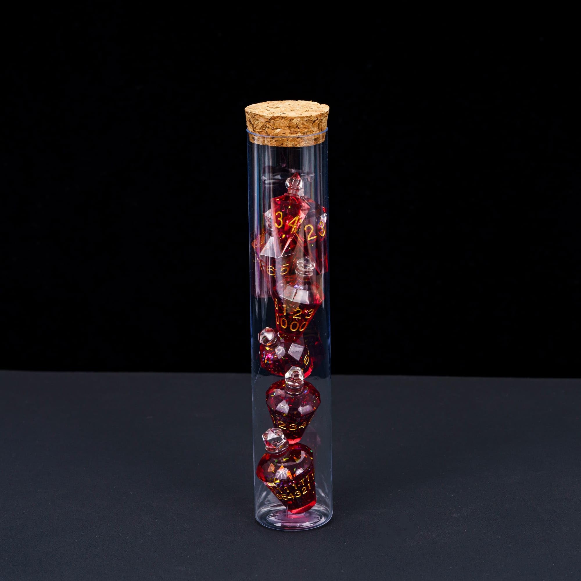 Cusdie Lot de 7 dés DND à bords tranchants, dés D&D en forme de potion, dés polyédriques fabriqués à la main, dés de potion pour jeu de rôle Donjons et Dragons (rouge avec chiffres dorés)