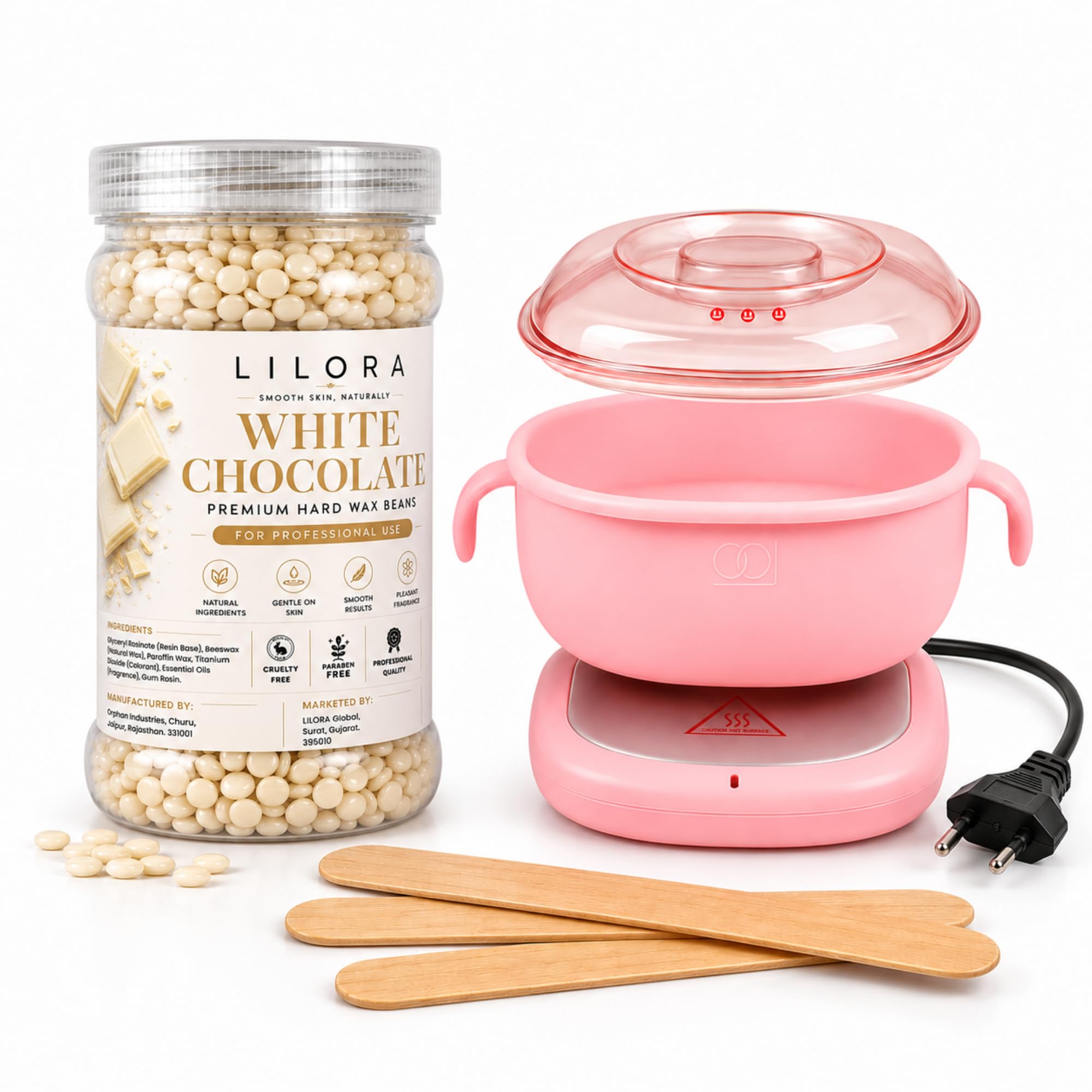 lilora silicone wax heater machine with white chocolate hard wax beans | stripless wax heater kit for brazilian, bikini, face, underarm & body hair removal – 50g