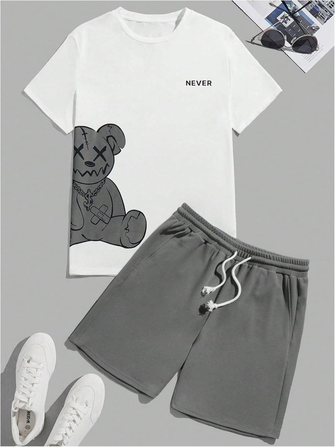 GORGLITTER Men's Letter Graphic Print T Shirts Short Sleeve Top & Shorts Casual Two Piece Sets