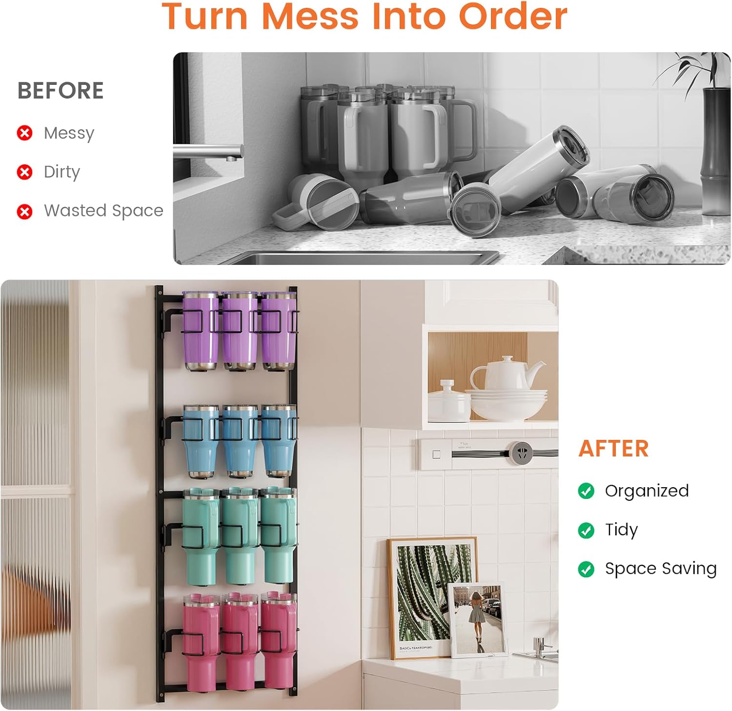 Housolution Water Bottle Organizer, 4 Tier Heavy Duty Metal Tumbler Storage Organizer for 10 to 40 oz Cups, Wall/Door Mounted Hanging Cup Holder Rack Compatible with Stanley and Other Brands - Image 7