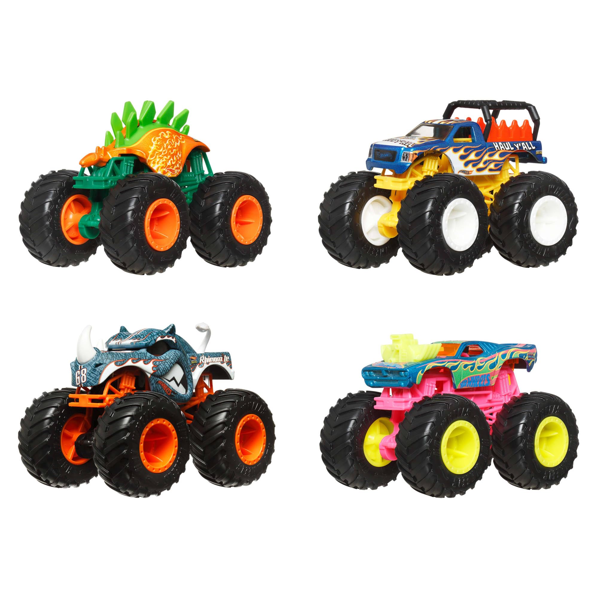 Hot Wheels Monster Trucks, 1:64 Scale Monster Trucks Toy Trucks, Set of 4, Giant Wheels, Favorite Characters and Cool Designs, JGD65
