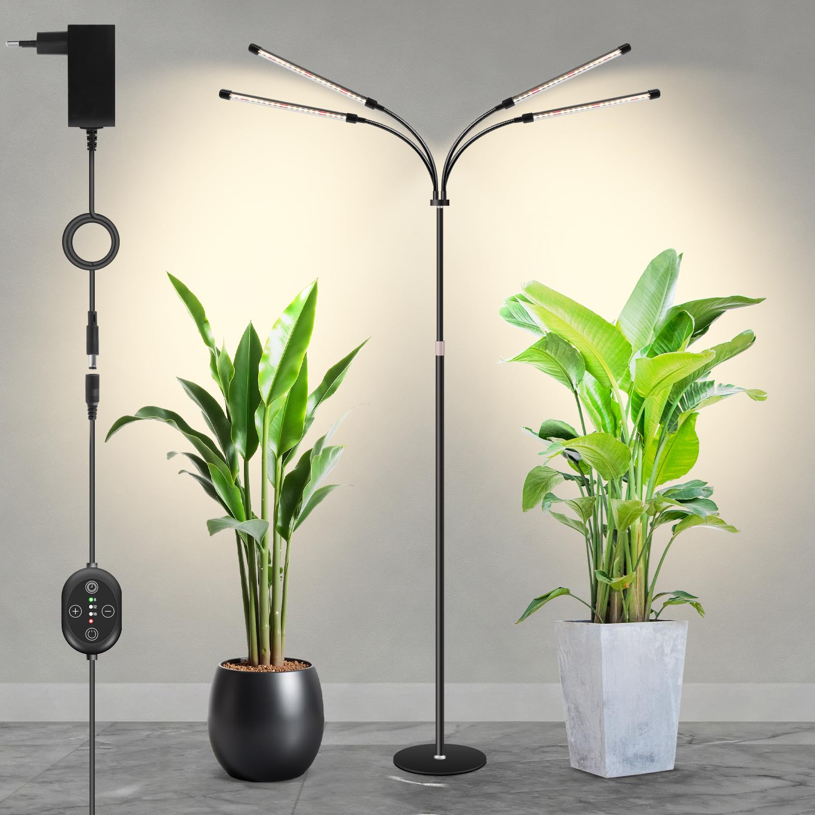 Lampe de culture pour plantes sur pied 12V, spectre complet renforcé 660nm LED avec minuterie 8/12/16H, compatible prise connectée & reprise automatique, intensité réglable, 20W