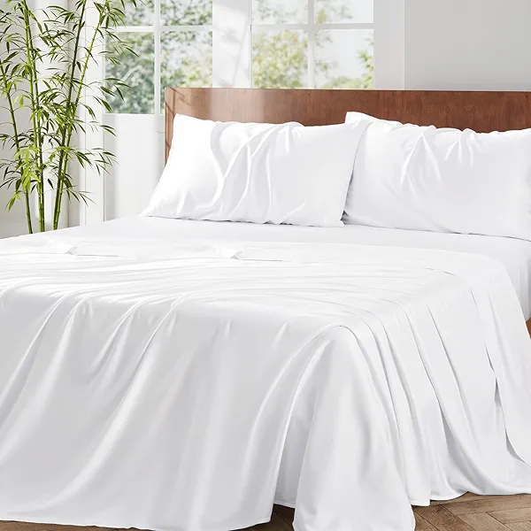 Vipfree Queen Size Sheet Set, Cooling Fitted Sheet and Pillowcase Set, 100% Bamboo Fiber Fabric Sheets, Cooling Queen Sheets Set, Hotel Bed Sheets & Pillowcases, 4-Piece, 16 Inch Deep Pockets, White