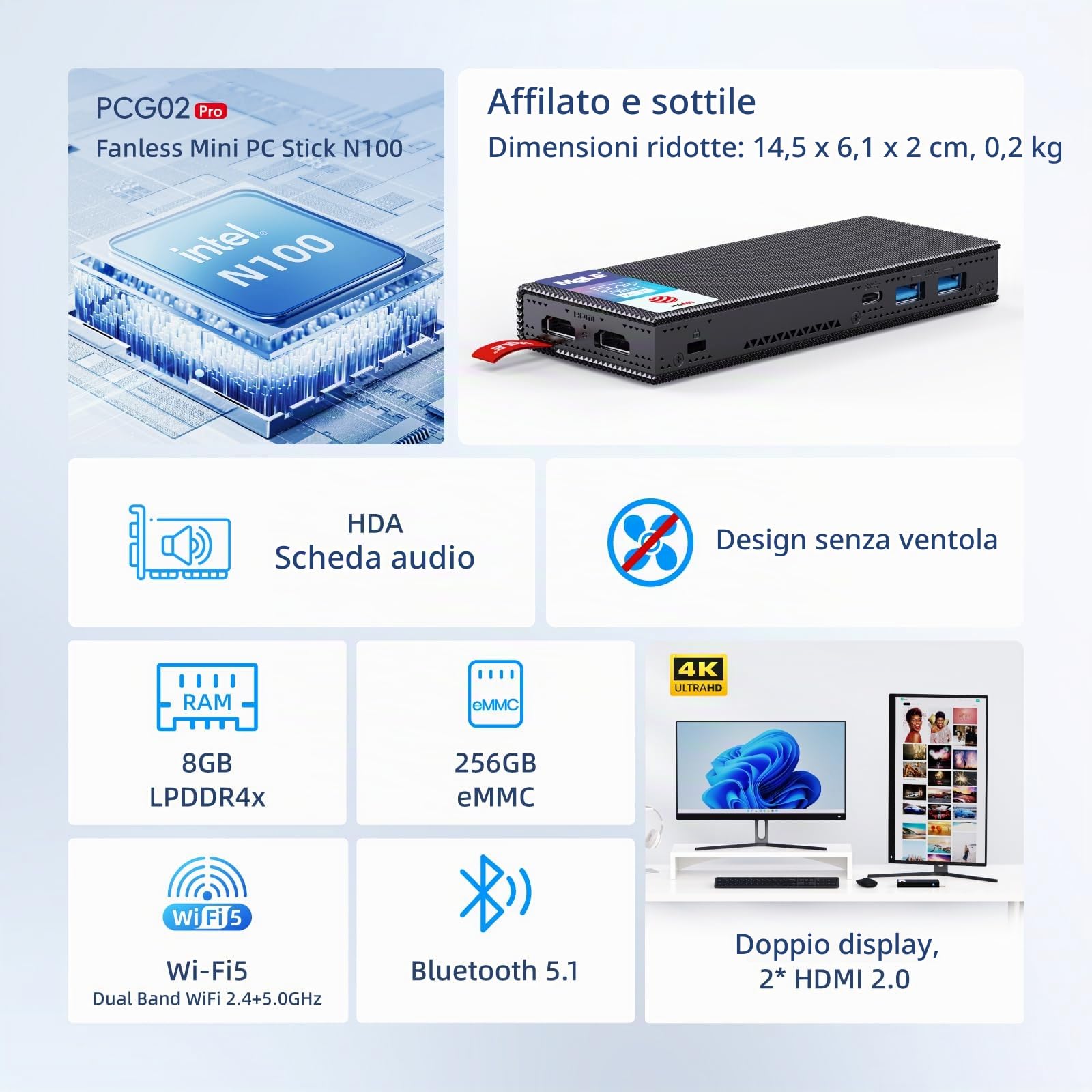 Mele Senza Ventola Mini PC Stick PCG02 Pro 12th Gen Alder Lake - N100(fino a 3,4 GHz), 8GB DDR4 RAM 256GB Bastone per Computer da Tavolo 4K Doppio HDMI/WiFi/BT/Ethernet,Casa Ufficio Industriale