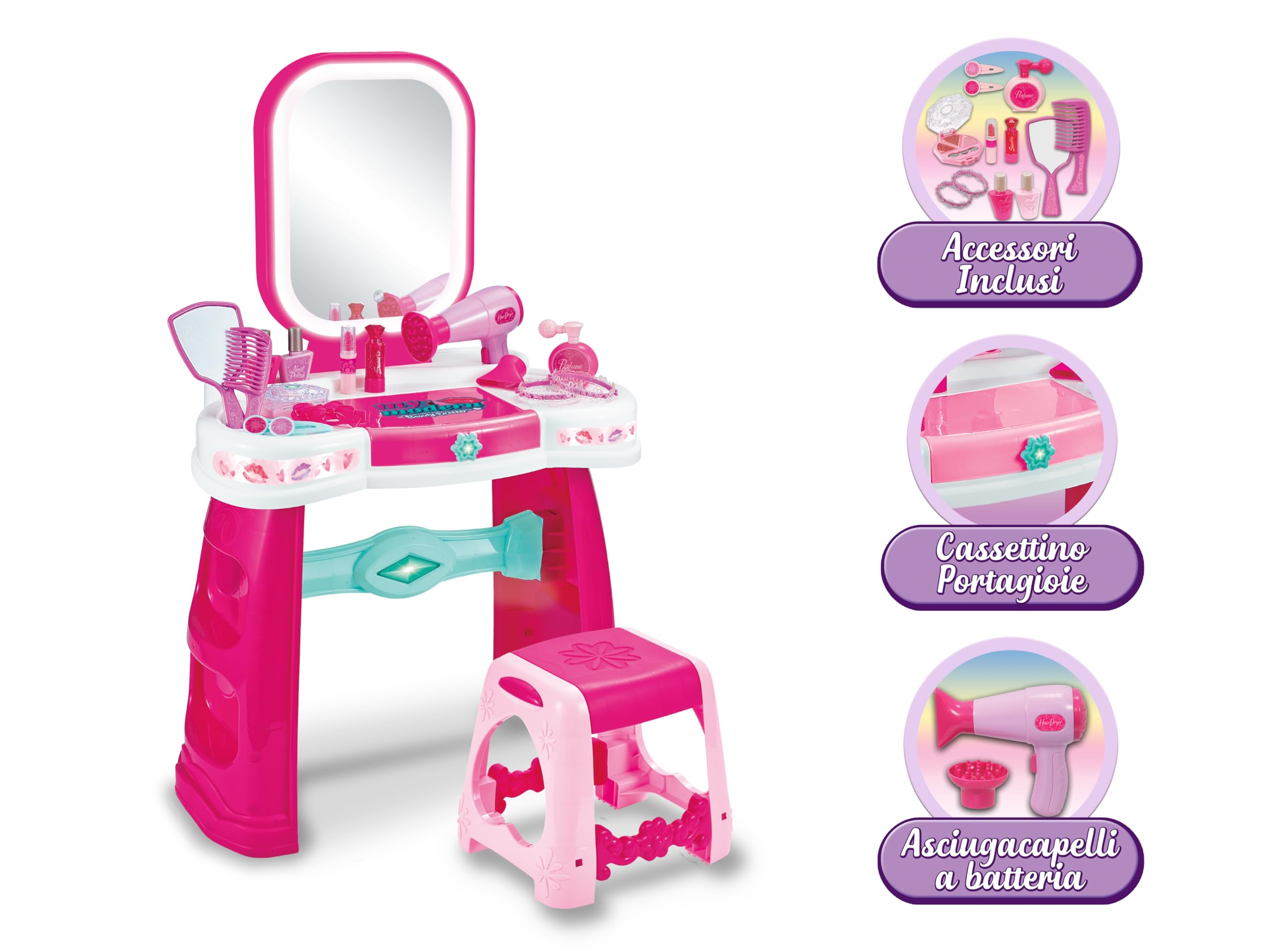 Teorema Giocattoli, Specchiera Magica Bambina con Sgabello, Postazione Trucco con Luci LED e Suoni Touch, Tavolo Trucco Interattivo, Asciugacapelli Funzionante a Batteria e Portagioie