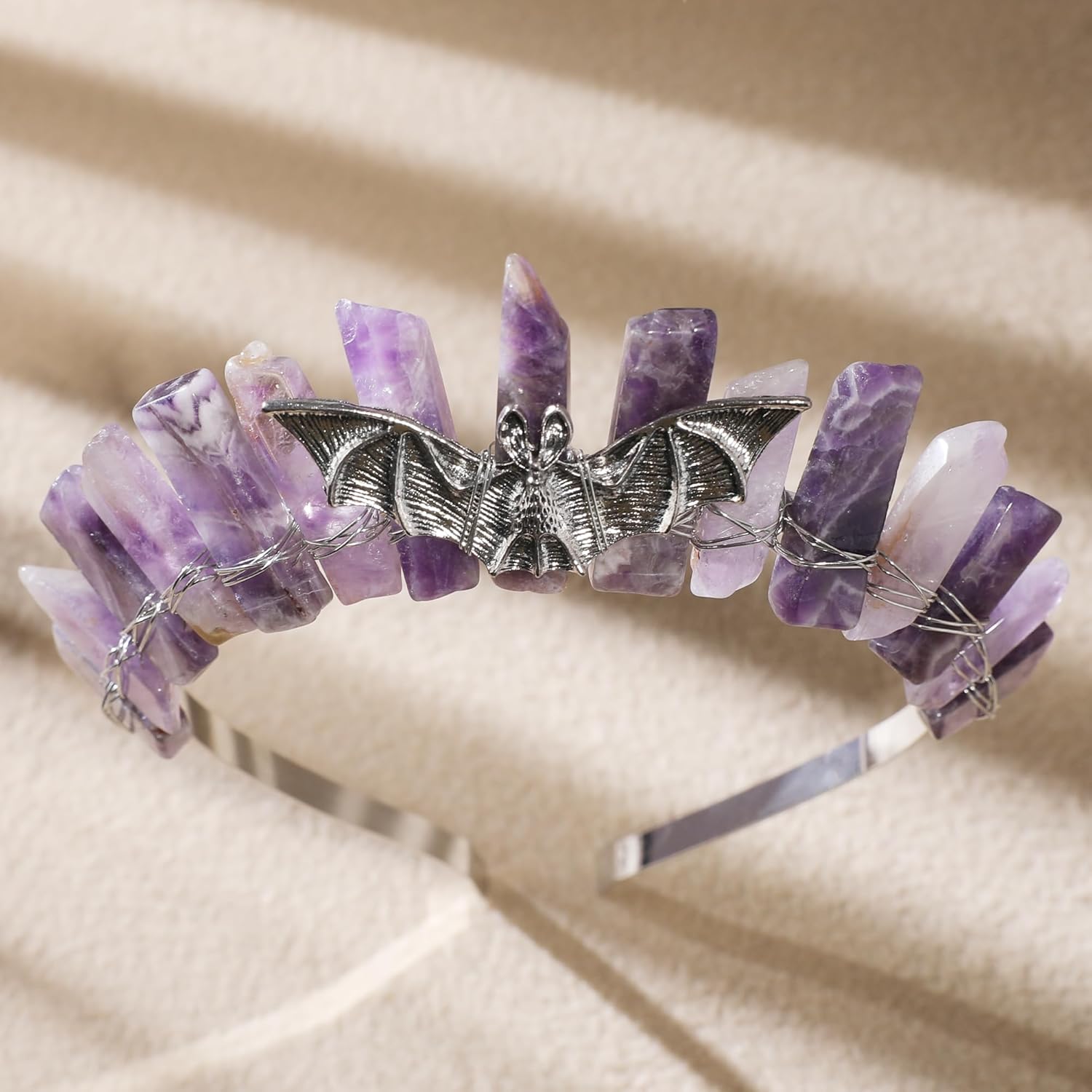 Crystal Crown for Women - Gothic Bat Elf Headband Raw Quartz Tiara Moon Headpiece for Witch Renaissance Halloween - Image 3
