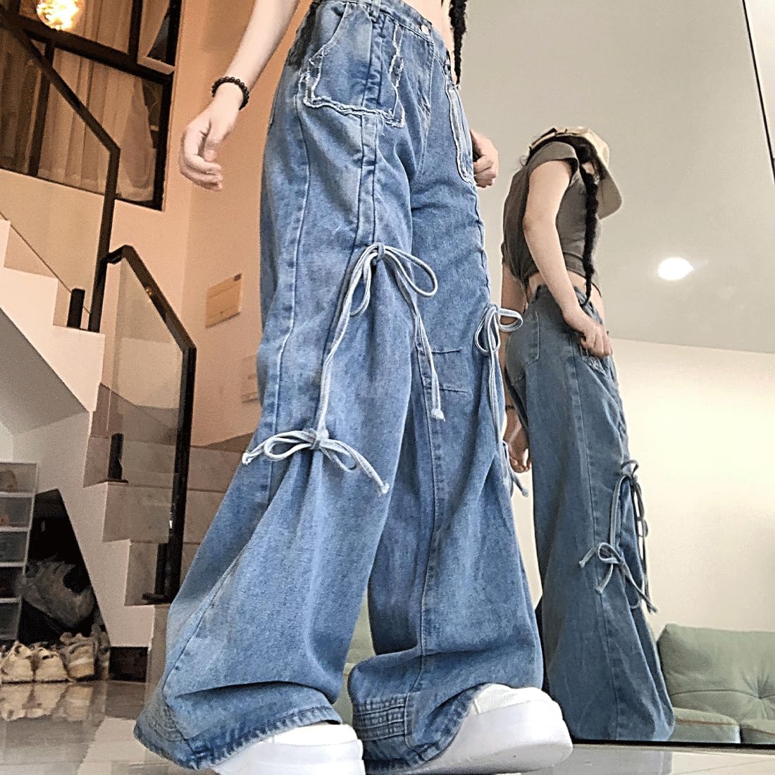 Y2K Gothic Kawaii Casual Style High Waisted Loose Wide Legs Vintage Distressed Jeans Drawstring Denim Pants