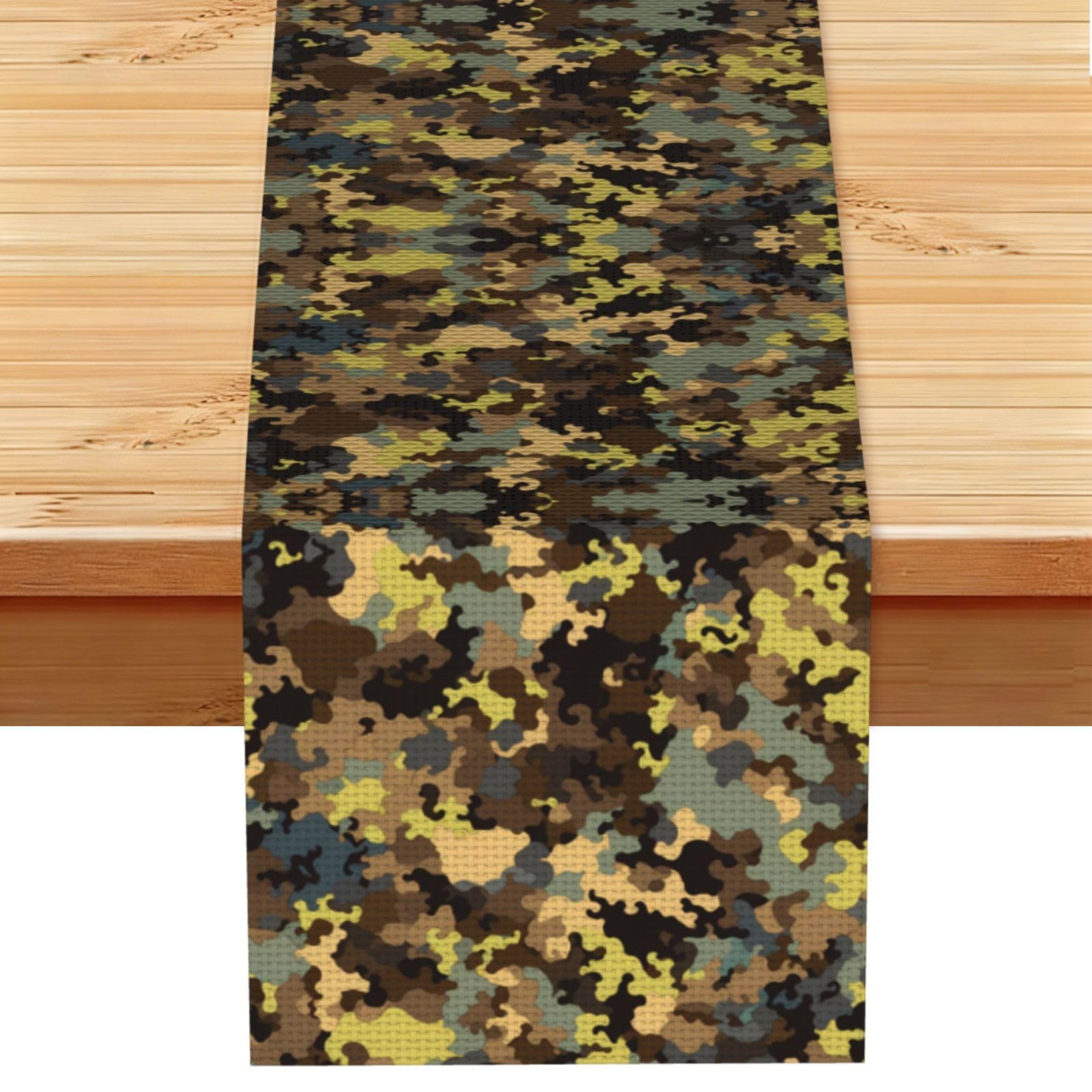 Rich Khaki Camo Printed Table Runner 13 x 72, Wrinkle Resistant Decor for Dining Table Coffee Table Fireplace