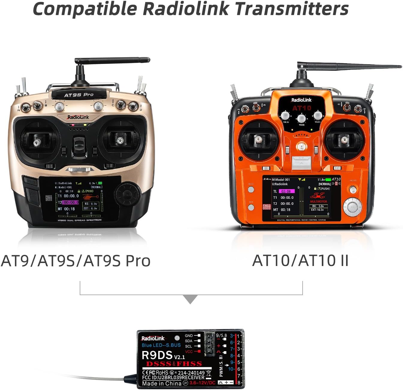 Image showing compatible Radiolink transmitters: AT9S Pro and AT10/AT10II