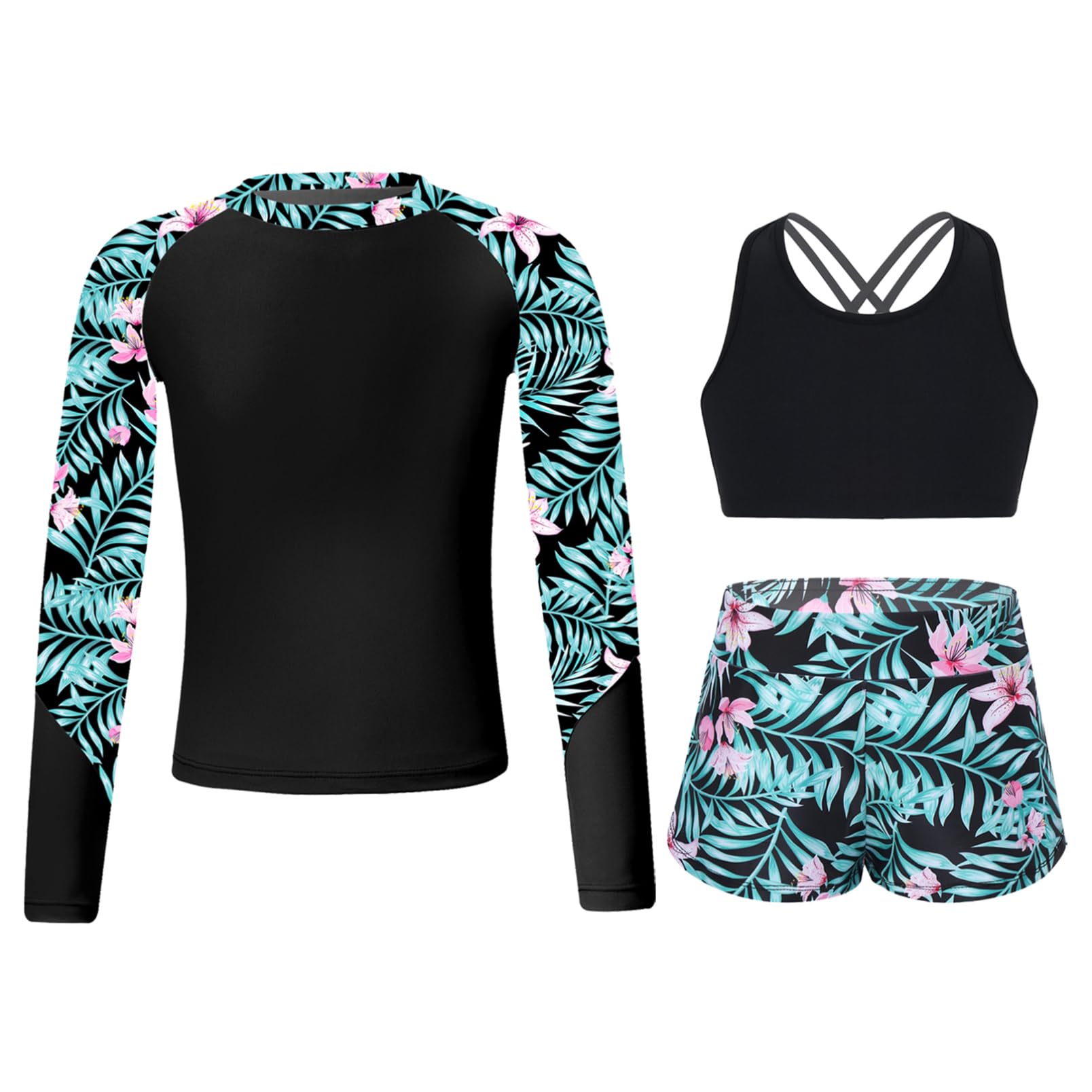 dPois Anti UV Enfant Fille Maillot de Bain 3 Pièces T-Shirt Rashguard Manche Longue Débardeur Short de Plage Sport Natation Tankini Ado Vacances 7-16 Ans