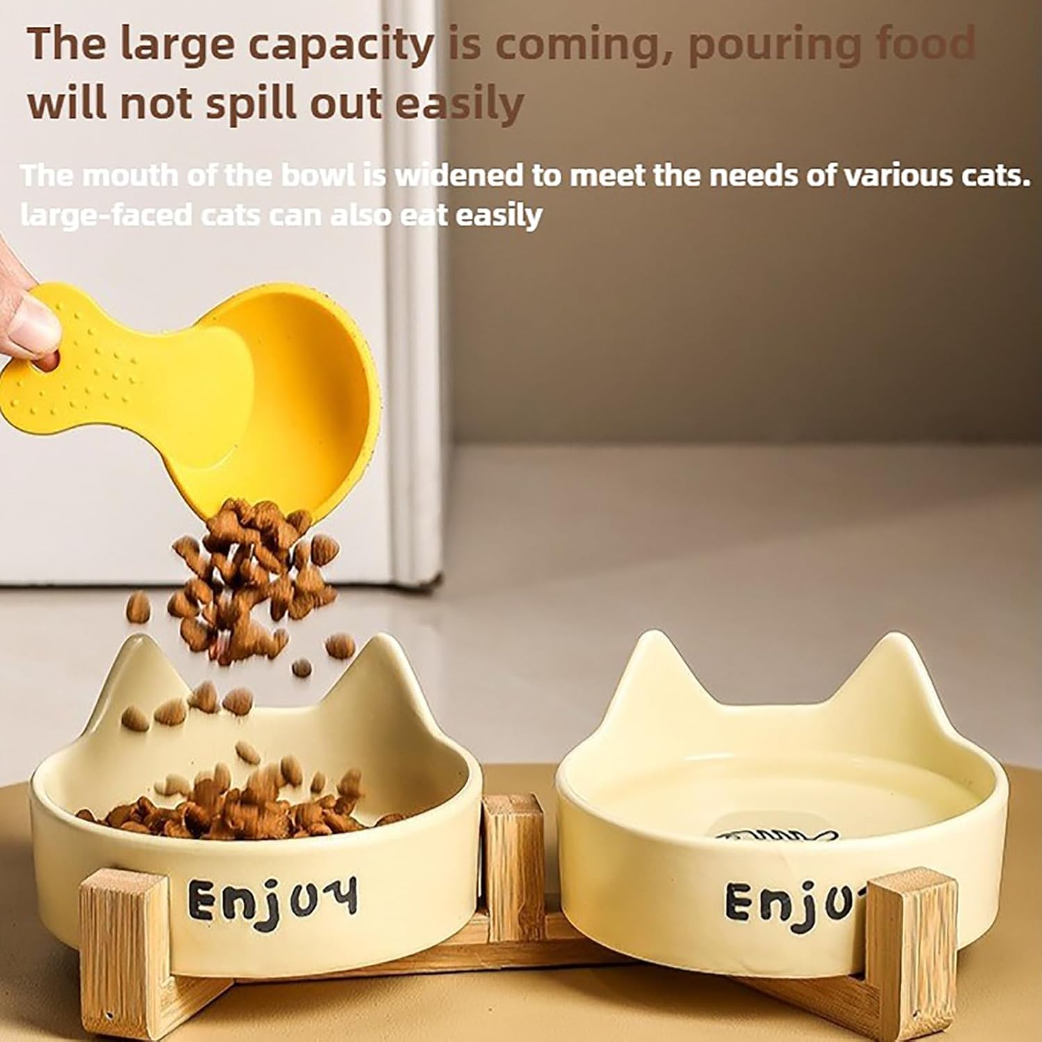 2pcs Ceramic Cat Bowls Set with Wood Stand,Food and Water cat Bowls Set,Non Toxic pet Bowls,Food Water Set for Cats &Small Dogs (Yellow) - Image 3