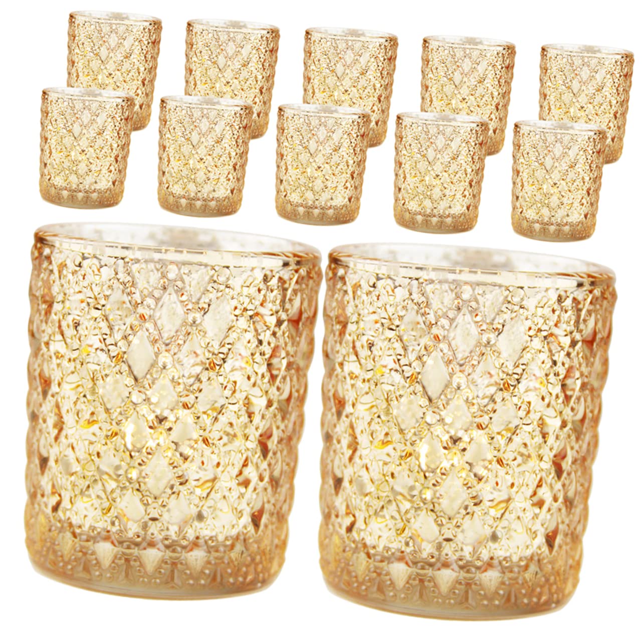 Portavelas de Vidrio Dorado Relieve Romántico 12 Piezas | Decoración Europea Elegante, para Bodas y Eventos Obsequios, Formato Portátil