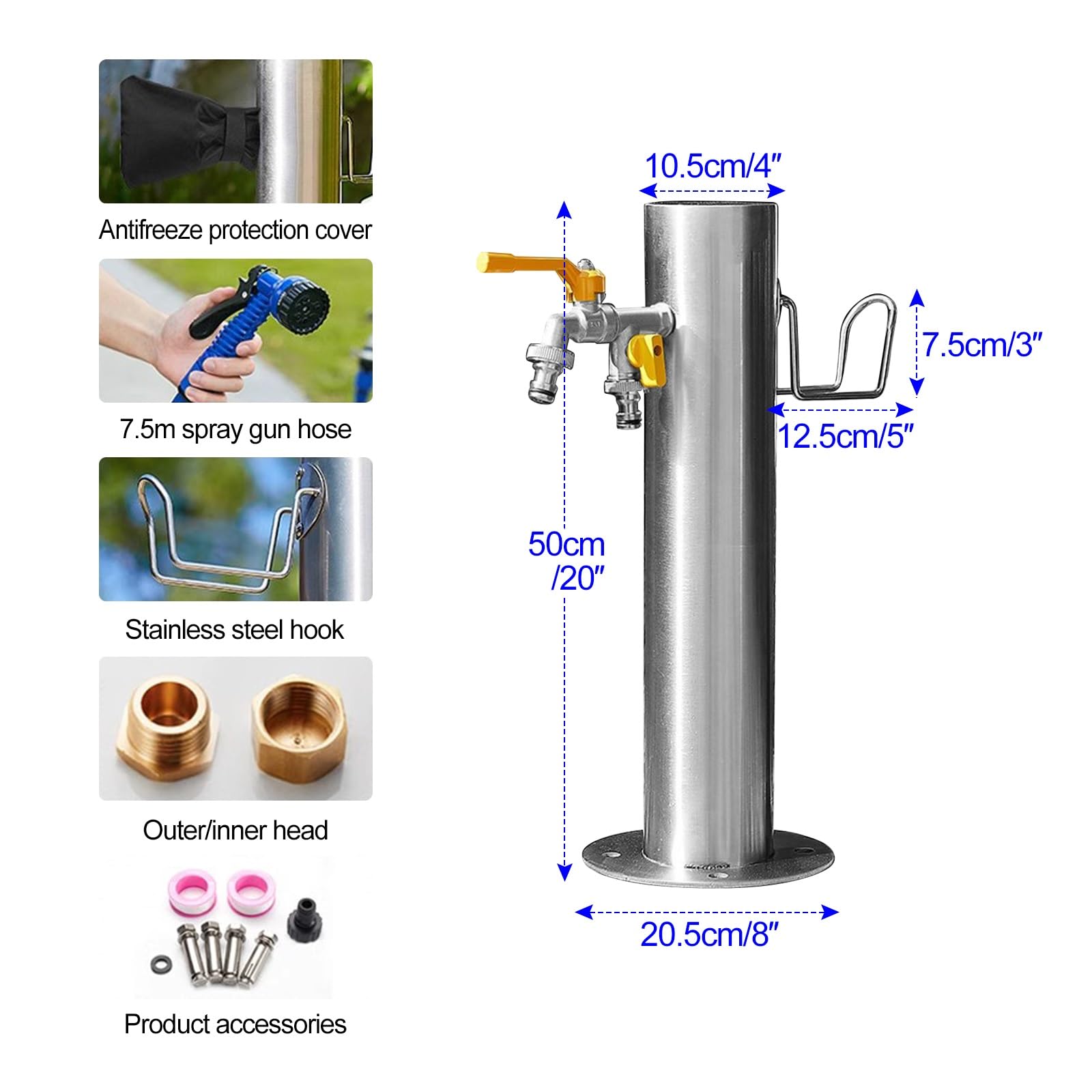 Wassersäule Garten Wasserzapfsäule Edelstahl Frostsicherer Außenwasserhahn Wasserzapfstelle Auslaufhahn Wasserentnahmestelle(50cm/20in)
