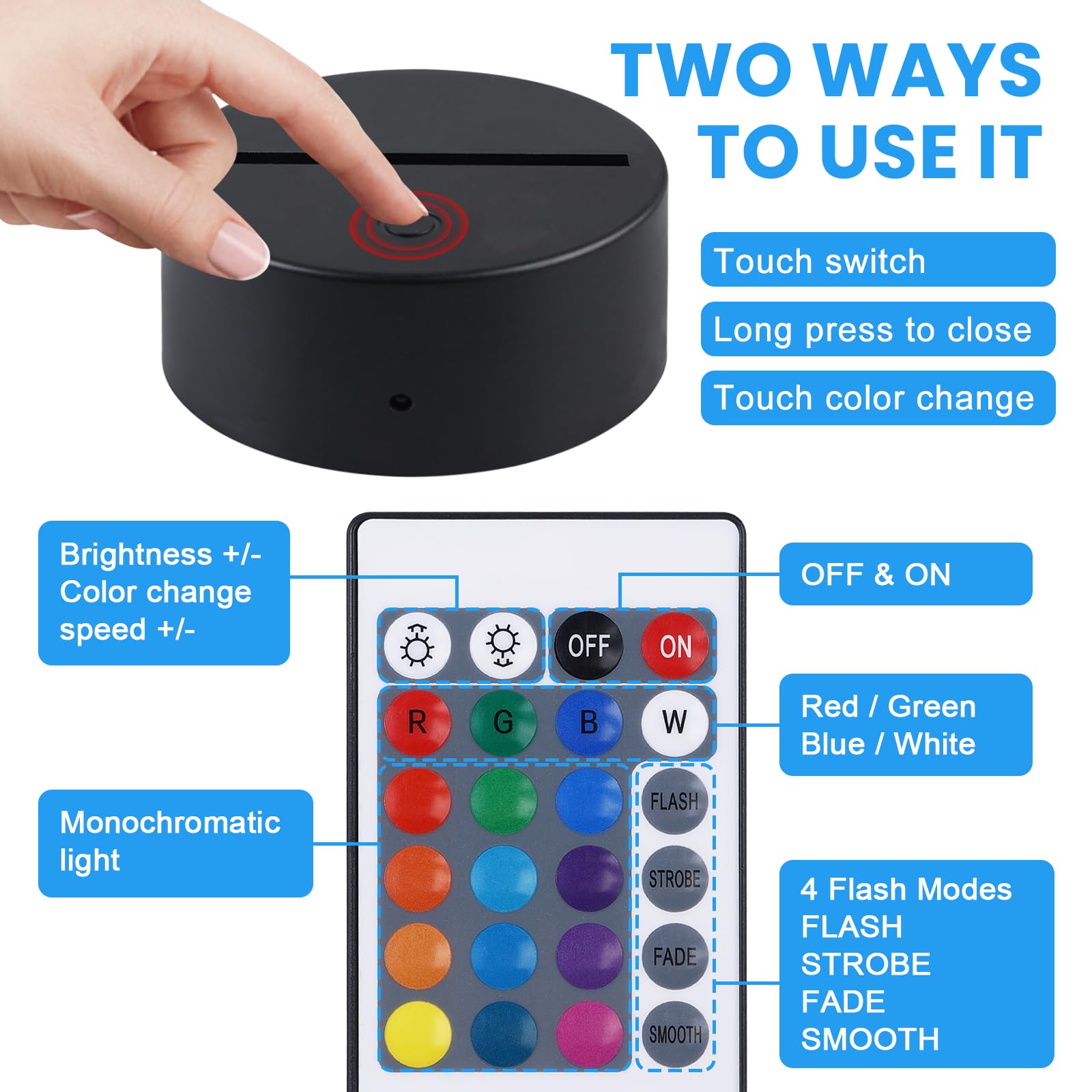 Base LED 3D Con Telecomando E Cavo USB - 2 Pezzi - Luci Notte 16 Colori E 4 Modalità - Controllo Touch - Per Lastre Acriliche E Plexiglass - copertina
