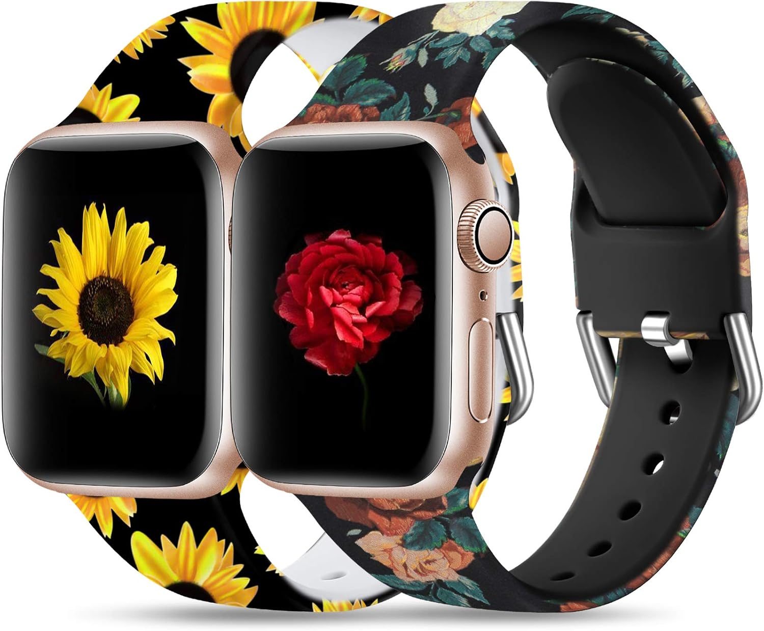 Dirrelo Compatible for Apple Watch Bands 40mm 38mm Soft Silicone Pattern Printed Band Strap for iWatch SE & Series 6 & Series 5 4 3 2 1 Women Men Wristband, M/L 2-Pack Sunflower & Chinese Rose