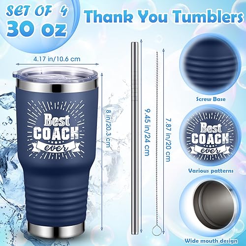 Miniatura 9 de Uiifan 4 juegos de tazas con tapa y pajitas de acero inoxidable de 30 onzas, regalo de agradecimiento para entrenador, para hombres y mujeres (negro)