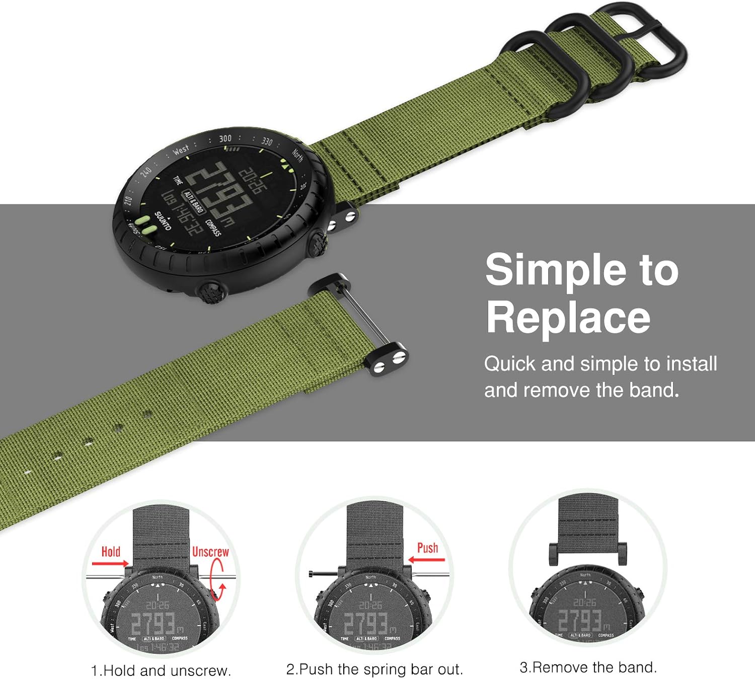 MoKo Band Compatible with Suunto Core, Fine Woven Nylon Adjustable Replacement Wriststrap Band with Double Buckle Ring for Suunto Core Smart Watch - Army Green