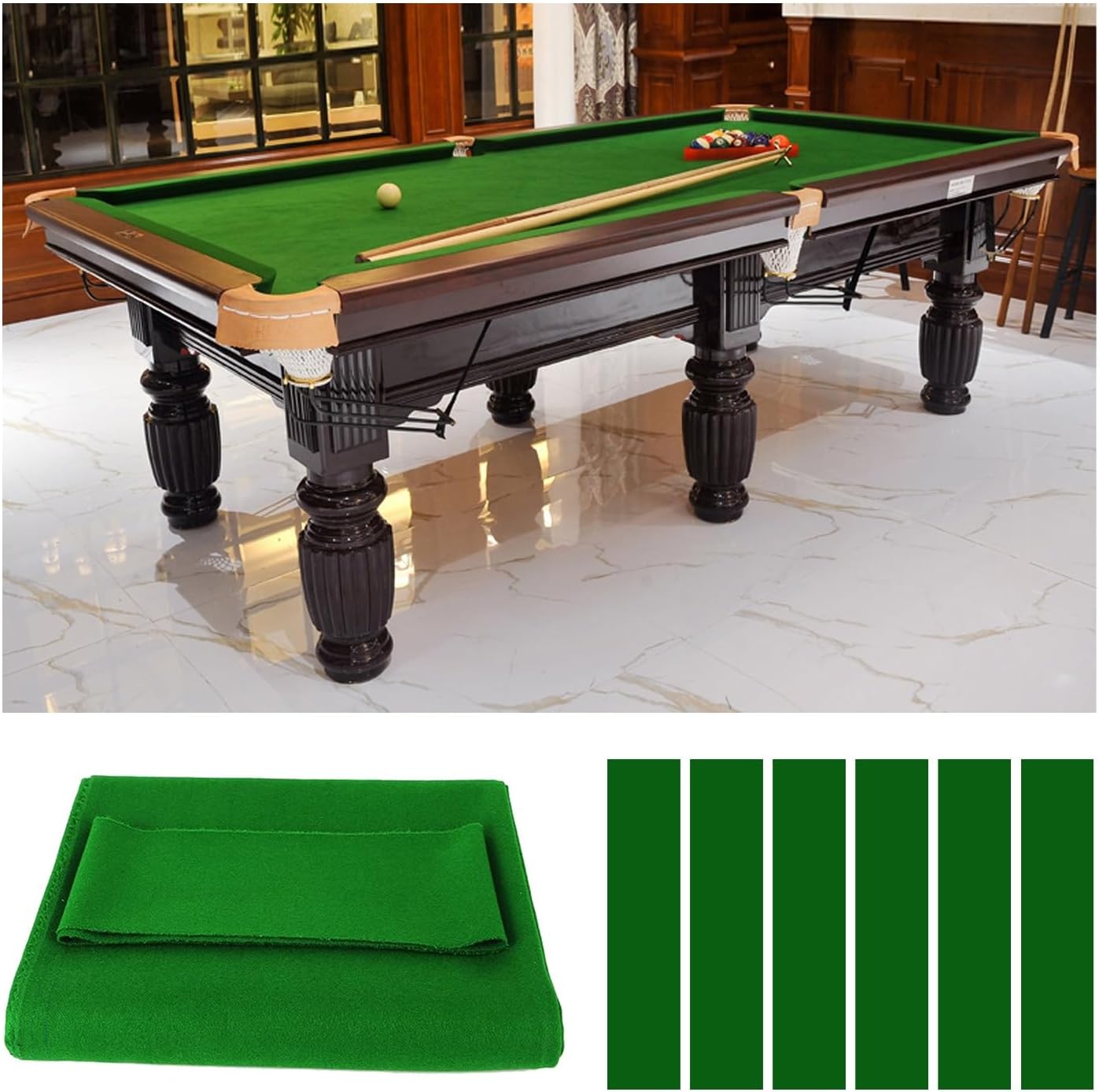 Thickened Green Pool Table Felt with 6 Edge Cloths Replacement Kit Fast Speed for 8' 9' 10' Billiard Cloth