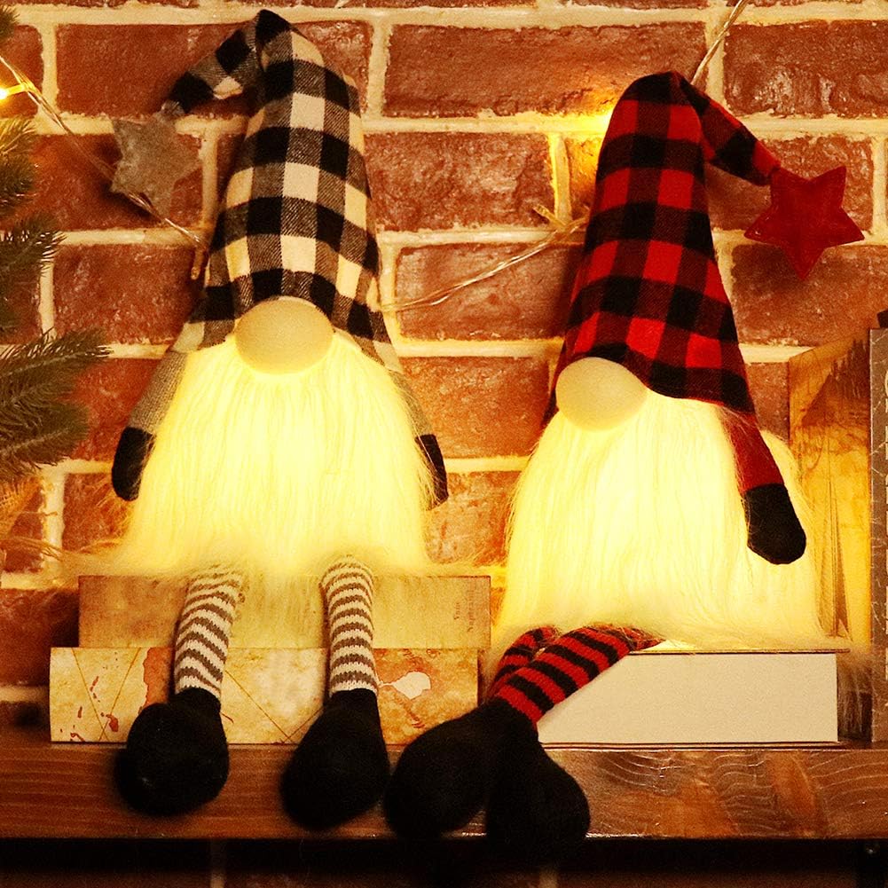 EDLDECCO Christmas Gnome with Light Timer 27 Inches Set of 2 Plaid Buffalo Check Nisse Figurine Plush Swedish Nordic Tomte Scandinavian Elf X'Mas Holiday Party Decorations Home Decor (Red & Black)
