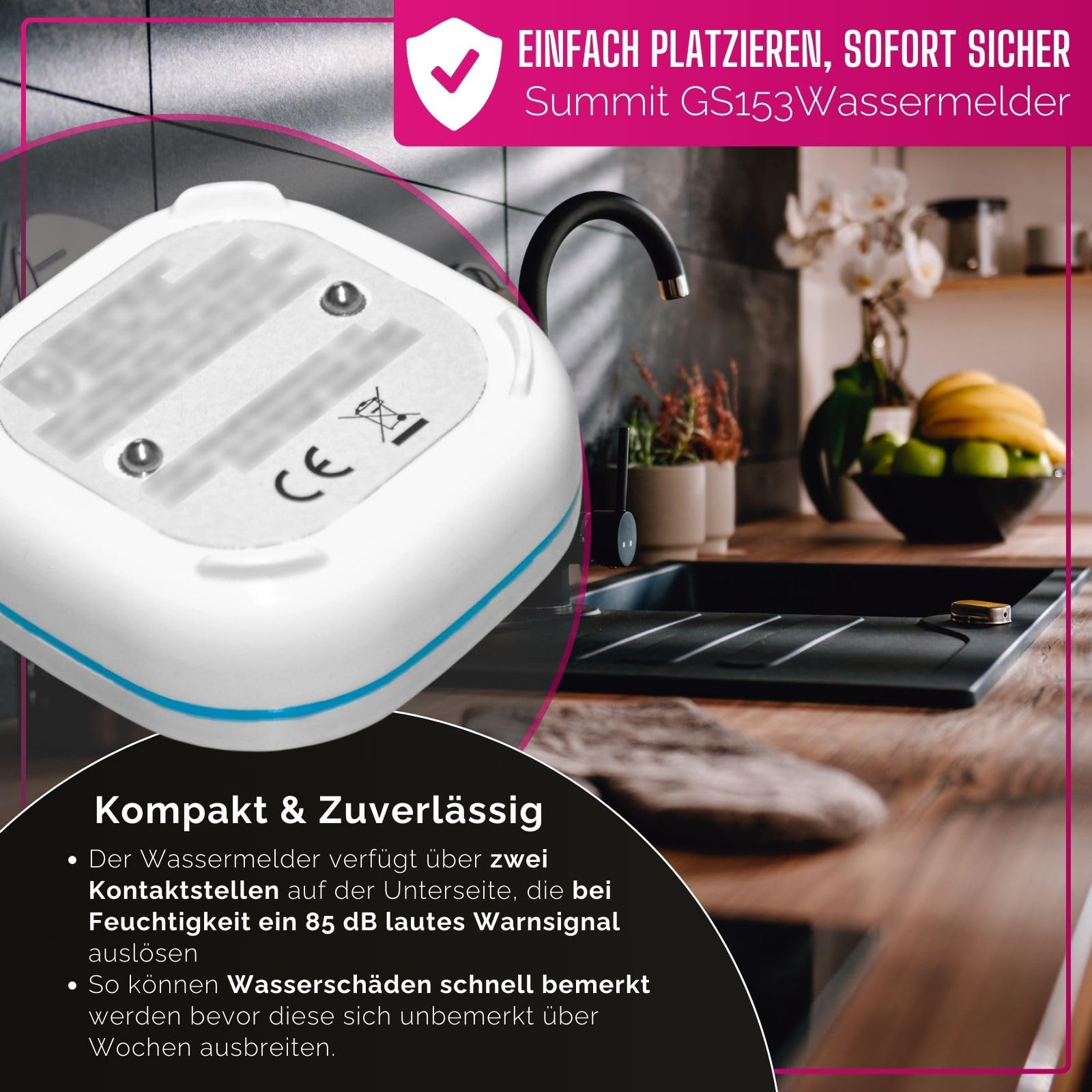 3er Set GS153 Wassermelder mit Batterie 60x60x24,2 mm | Wassersensor mit 85dB Alarm | Wasseralarm Melder für Keller, Küche & Bad | batteriebetrieben, bis zu 10 Jahre Laufzeit