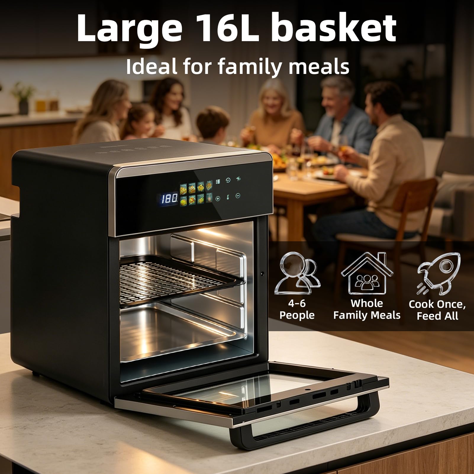 Frytkownica beztłuszczowa 16L, Air Fryer 8 w 1, stal nierdzewna | Frytkownica na gorące powietrze z funkcją piekarnika, grillowania i suszenia, z blachą do pieczenia