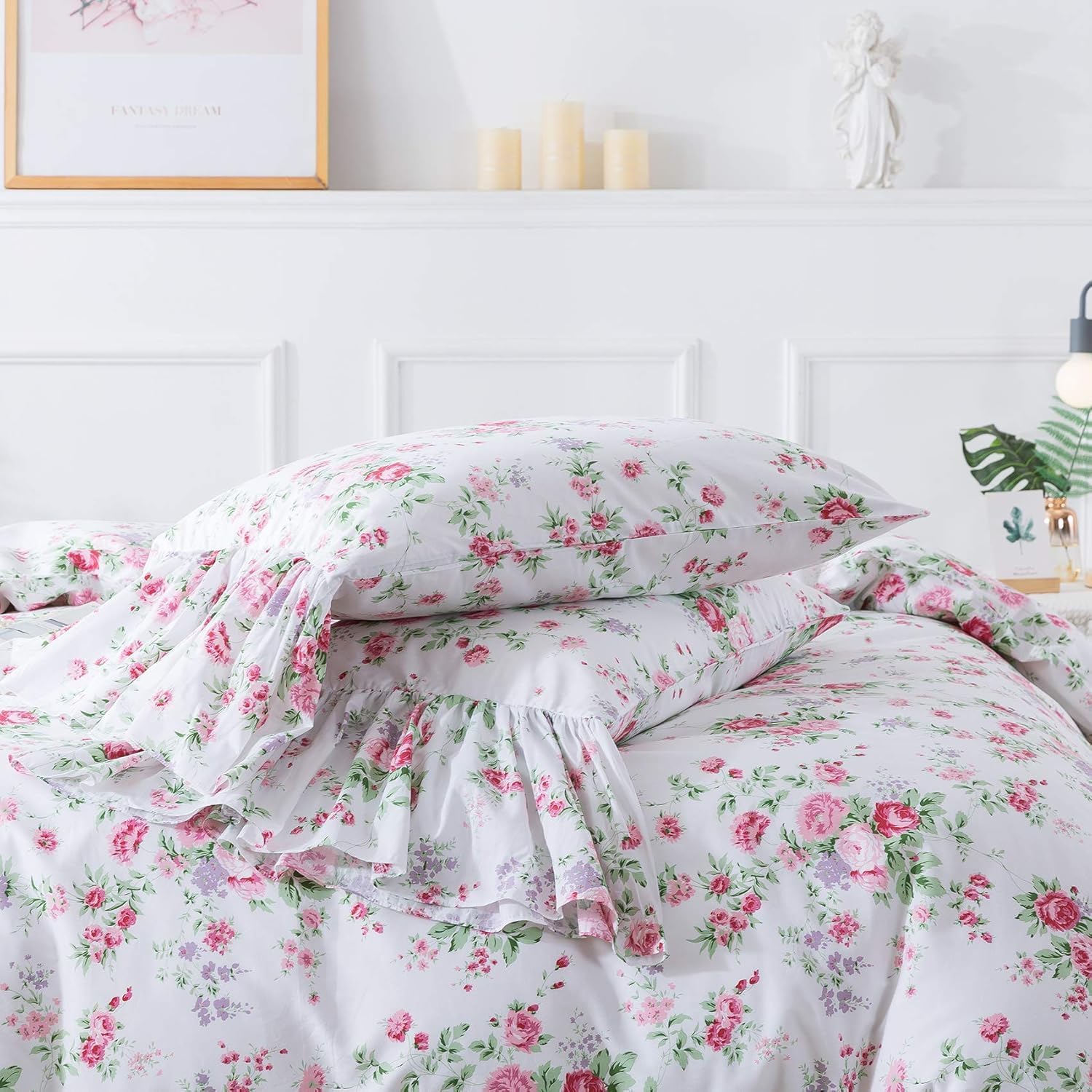 ABREEZE Rose Floral Duvet Cover Set King Super Soft Women Girls Bedroom Decor Bedding Set Romantic Floral Bed Covert Collection Princess Ruffle Quilt Cover Set for Girls 3 Pieces