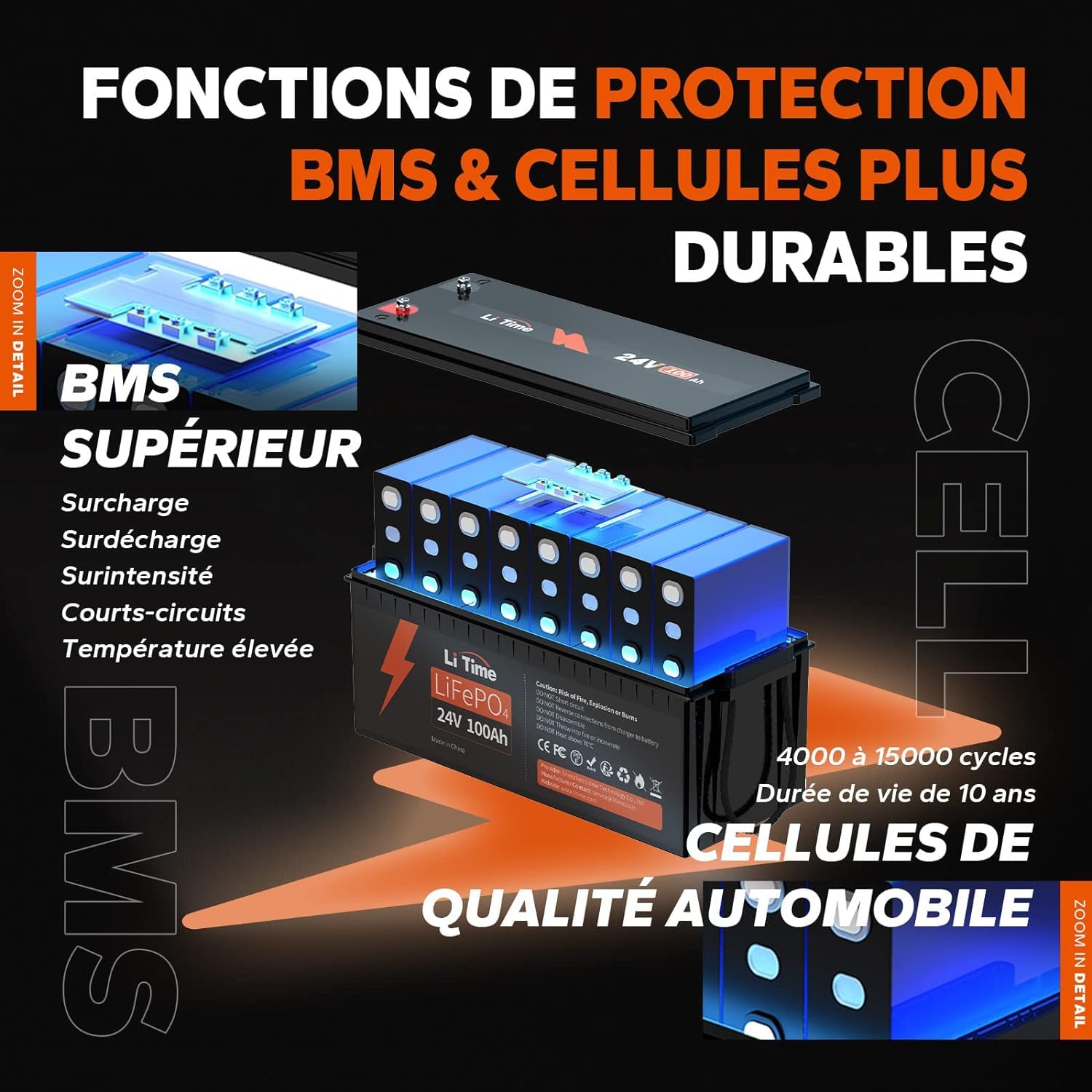 LiTime Batterie Lithium 24V 100Ah Décharge Profonde pour Panneau Solaire