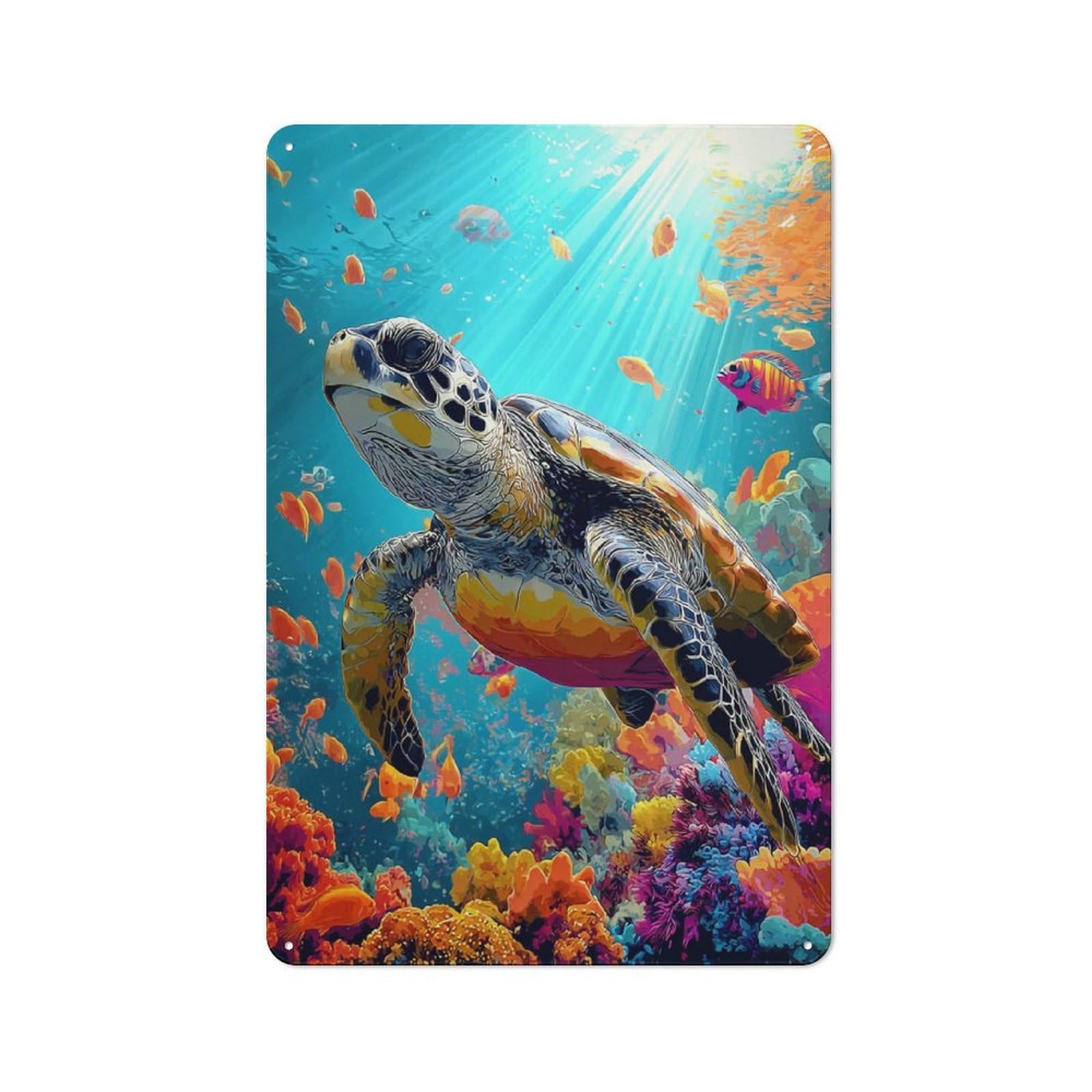 Junmoney Ocean Life Turtle In Coral Reef Retro-Style Tin Sign 30X20cm For Kitchen Or Home Bar, Suited To Kitchen Decor Lovers
