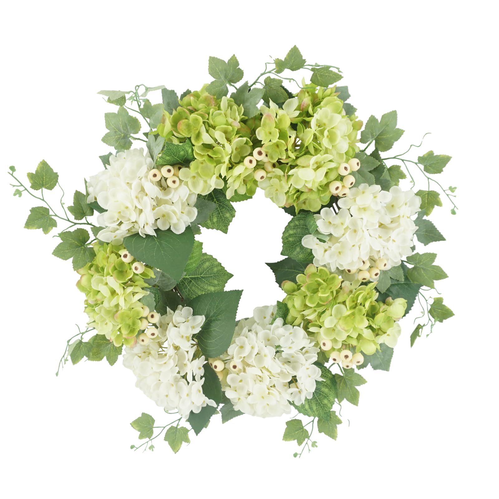 Hydrangea Front Door Wreath 18-20 Inch, Spring Summer Cream Green Wreath with Ivy & Hydrangea Leaves, Berries for Front Door Porch Decor, Door Wreaths for Front Door Outside All Seasons