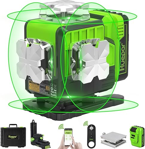 Huepar Nivel láser autonivelante 2 x 360  al aire libre Bluetooth Green Beam Línea cruzada para construcción e imagen con modo de pulso, línea