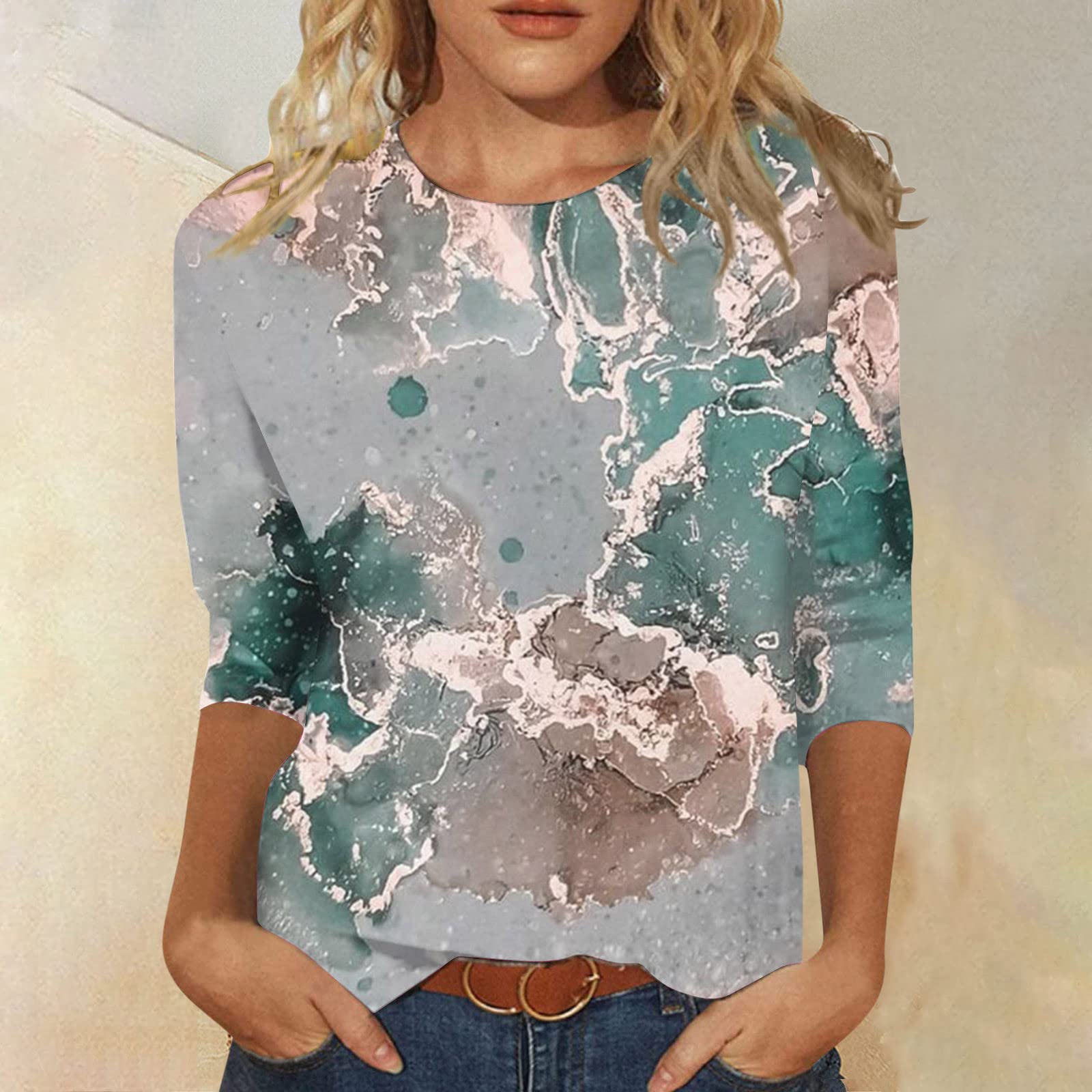 Kanpola T-shirt damski, biały, z krótkim rękawem, nadruk 3D, rękawy 3/4, okrągły dekolt, tunika, na lato, elegancka koszulka letnia, szary, S