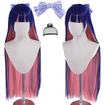 Blue Pink Mixed Long Straight Stocking Cosplay wig for Women Costume Wigs Synthetic Hair Wigs with Bow Hair Clip + Free Wig Cap Blue Pink Mixed