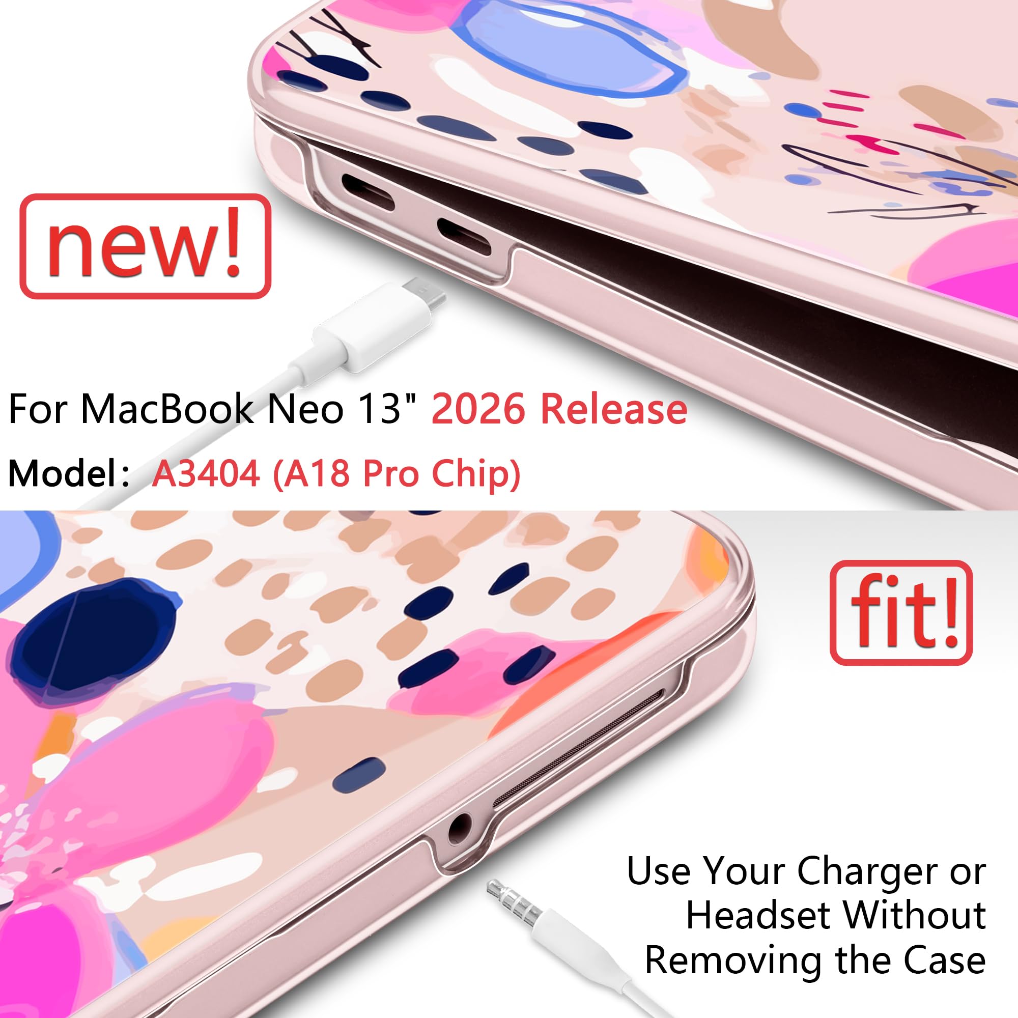 DONGKE Compatible avec MacBook Neo 13" 2026 A3404 A18 Pro puce et Touch ID Coque rigide en plastique avec protecteur de clavier, protecteur d'écran et bouchons de poussière, motif floral artistique