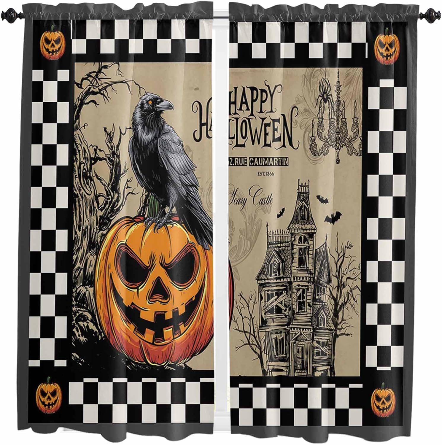 Halloween Evil Pumpkin Kitchen Curtains, Horror Black Crow Castle Vintage Plaid Light Filtering Window Curtain, 2Pcs Rod Pocket Window Treatments Set for Study Room Bathroom Bedroom 52x54 Inches