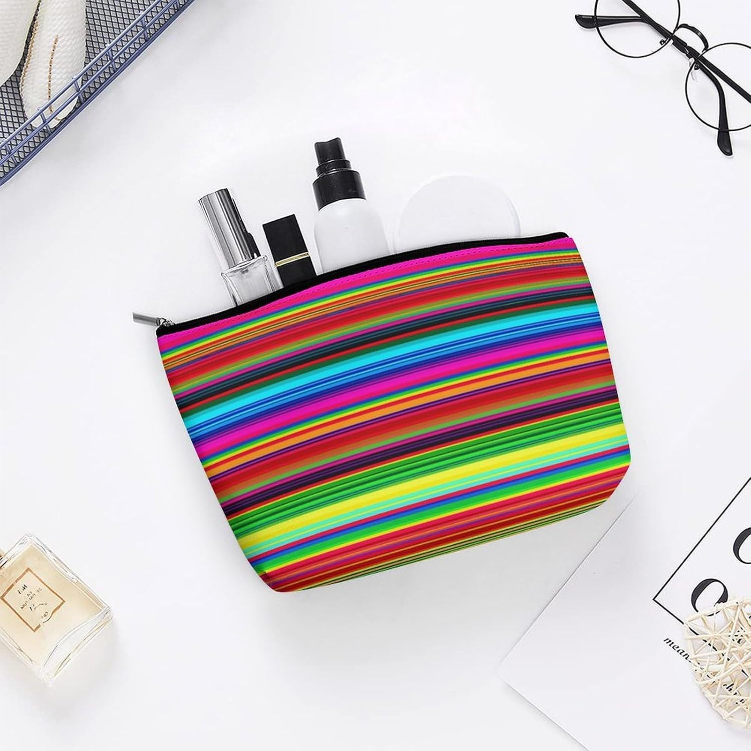 Colorful Mexican Stripes Cosmetic Bag for Women Small Cute Makeup Bag for Purse Waterproof Pu Leather Mini Makeup Pouch Aesthetic Portable Fabric Mini Zipper Pouch for Travel image 5