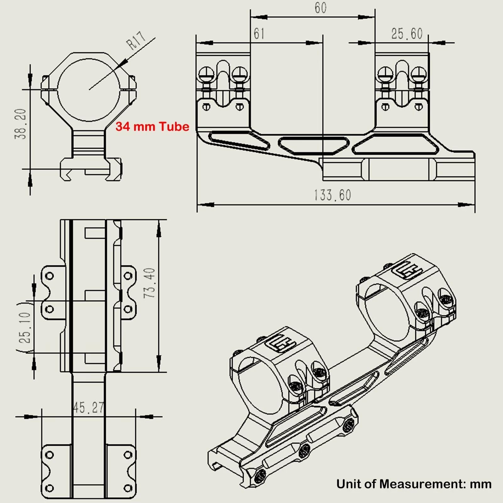WestHunter Optics Präzisions-Cantilever-Picatinny-Montage für Zielfernrohre, 30mm/34mm Rohrdurchmesser, Versetzte Doppelte Ringe, Leichter Einteiliger Zielfernrohr Montage - Libelle | Basismodell