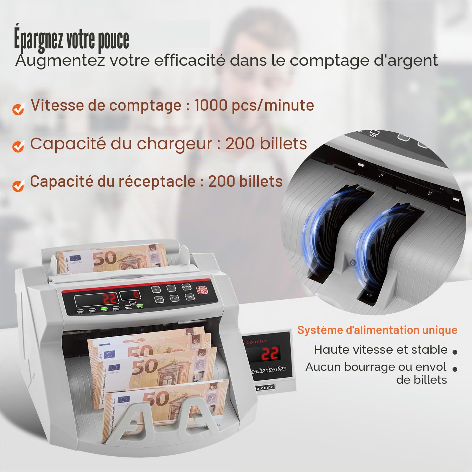 VEVOR Compteuse de Billets Professionnelle USD/EUR/GBP, Détecteur de Faux Billets par UV MG Contrefaçon, Vitesse >1000 PCs/min, Compteuse de Billets Trieuse Portable avec Affichage Banque Blanc