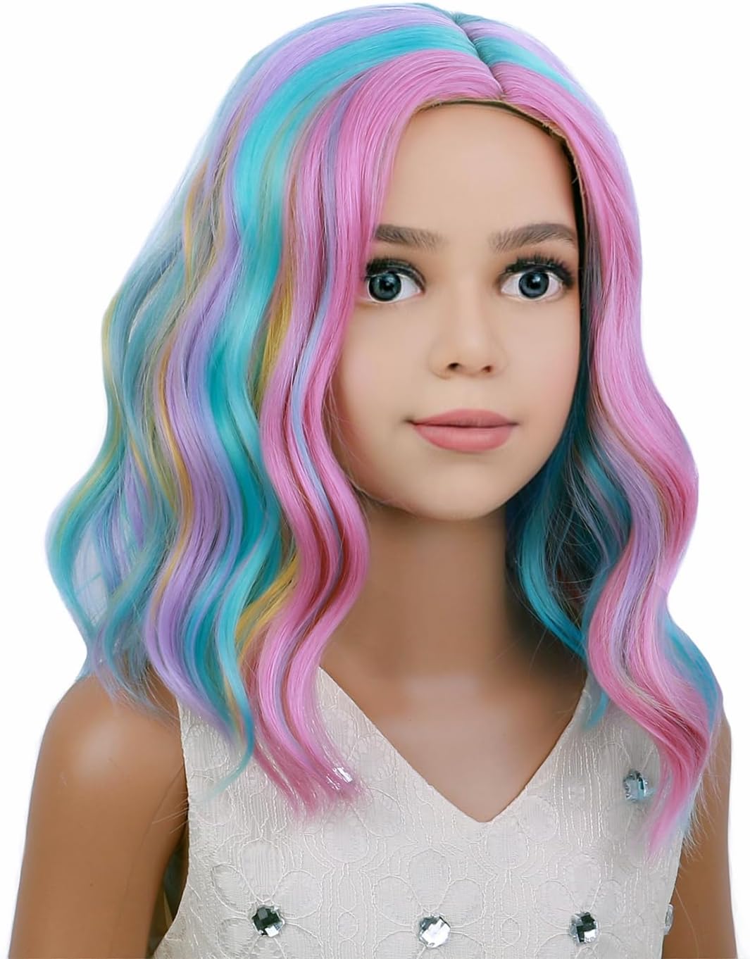 Rainbow Wig Kids Child Wig Short Wavy Wig Rainbow Wig Multicolor Wig Girls Synthetic Wig Cosplay Halloween Party Costume Wig (Rainbow)