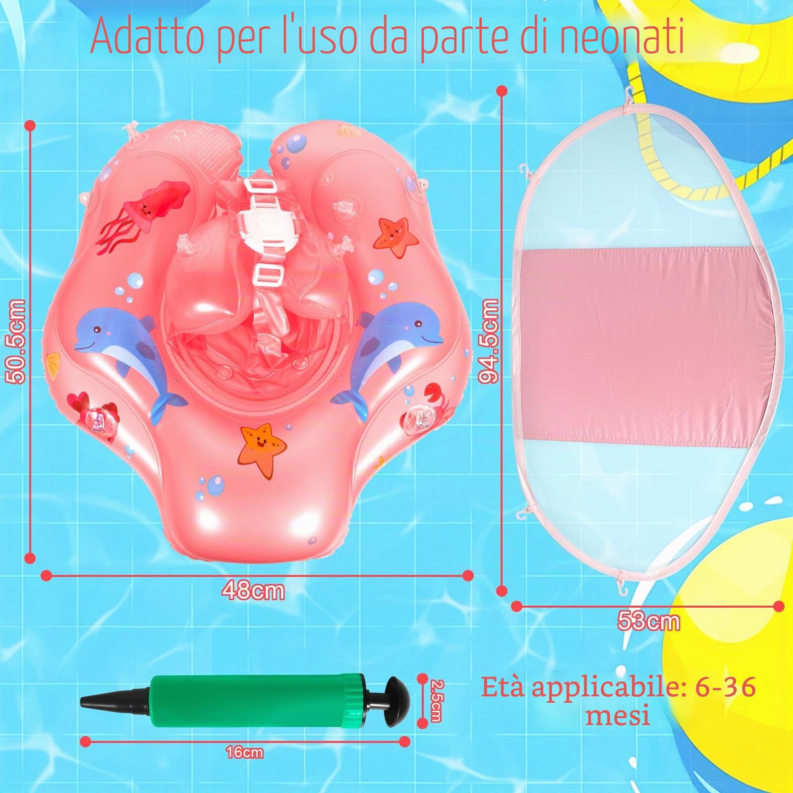 Piscina Salvagente Bambini Gonfiabile, Salvagente Neonato 1-3 anni, Salvagentes Neonato con Parasole e Seggiolino di Sicurezza, Anello di Nuoto Bambini UPF50+ Protezione UV(Rosa)