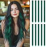 FESHFEN Colored Clip in Hair Extensions - 10 PCS Polaris Dark Green Highlighted Hair Piece Straight Synthetic Clip in Hairpieces for Women 22 inch