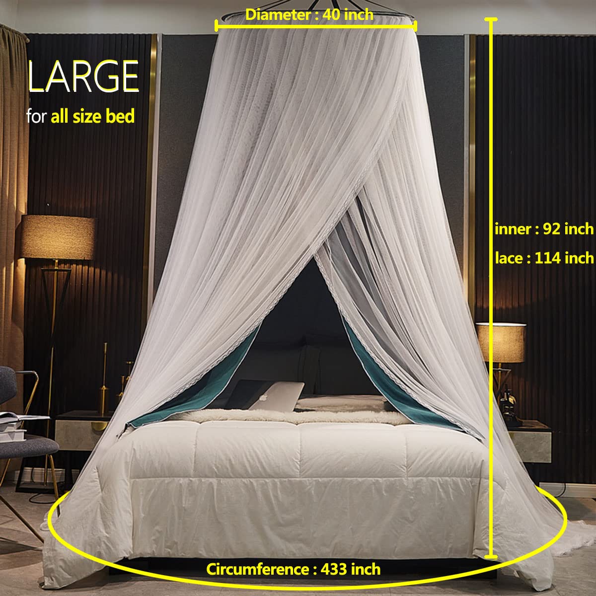 Kertnic Luxuriöser Betthimmel für Mädchen und Erwachsene, groß, elegant, doppellagig, Bettvorhang, Baldachin, Vorhänge, runde Kuppel, Spitze, Prinzessinnen-Vordächer, Netz (Pfauenblau)